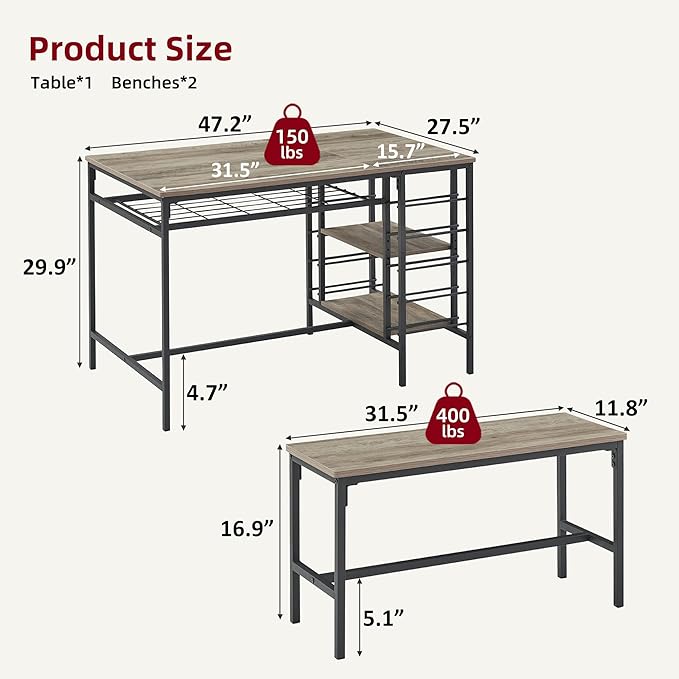 Dining Table Set for 4, Kitchen Table Set for 4 with 2 Benches, 3 Piece Dining Room Table Set for Small Space Apartment, Grey