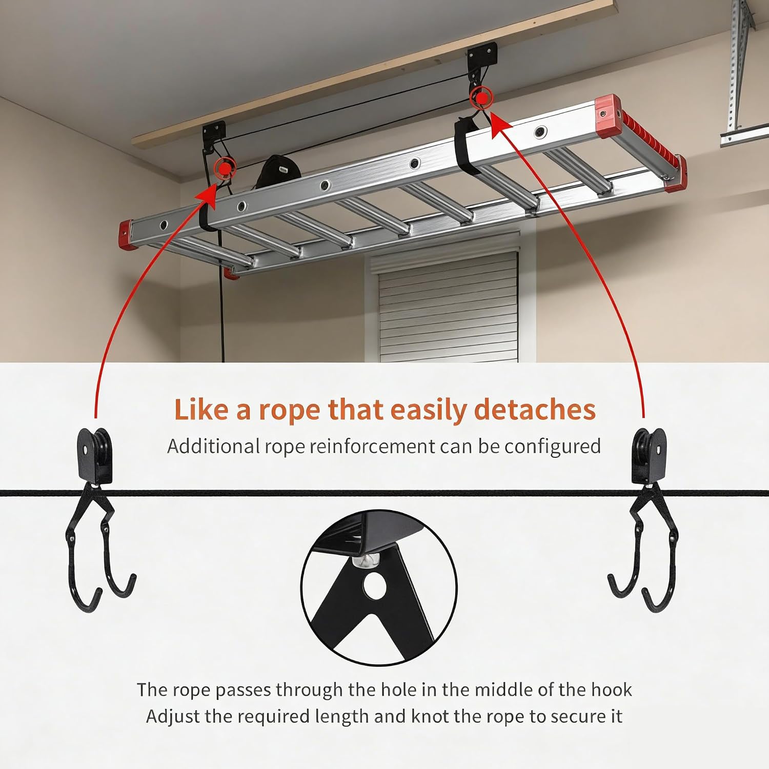SYDSZ Ladder Storage Ceiling Hoist – Garage Pulley Lift System for Ladder Carrier Fits Garage or Shed with 125lb