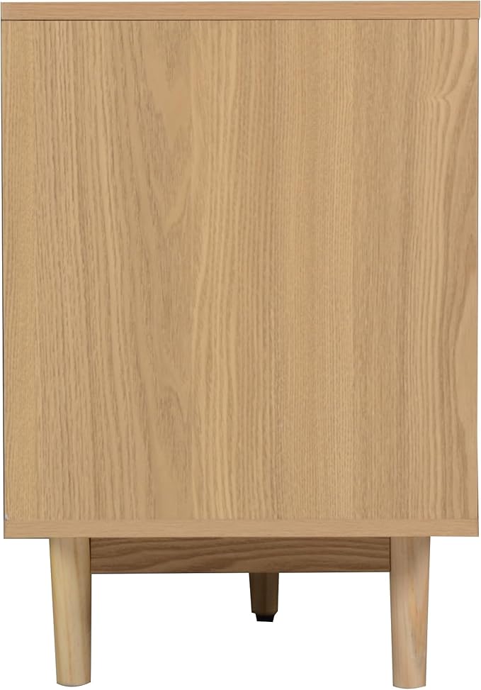 Ball & Cast 76" Boho TV Stand for TVs up to 85", Media Console with Real Rattan Doors, Open Shelf, 3 Drawers & 2 Cabinets, Natural Wood Grain Entertainment Center w/Solid Wood Legs for Living Room
