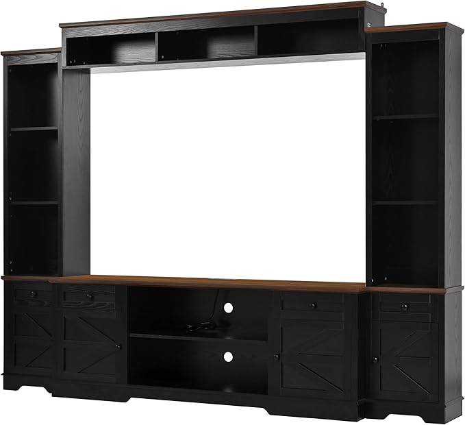 98.8" W Wall Unit Entertainment Center with Bookshelves for TVs up to 80", Modern TV Stand Media Console with Cabinets and Adjustable Shelves for Living Room (Black+Brown2)