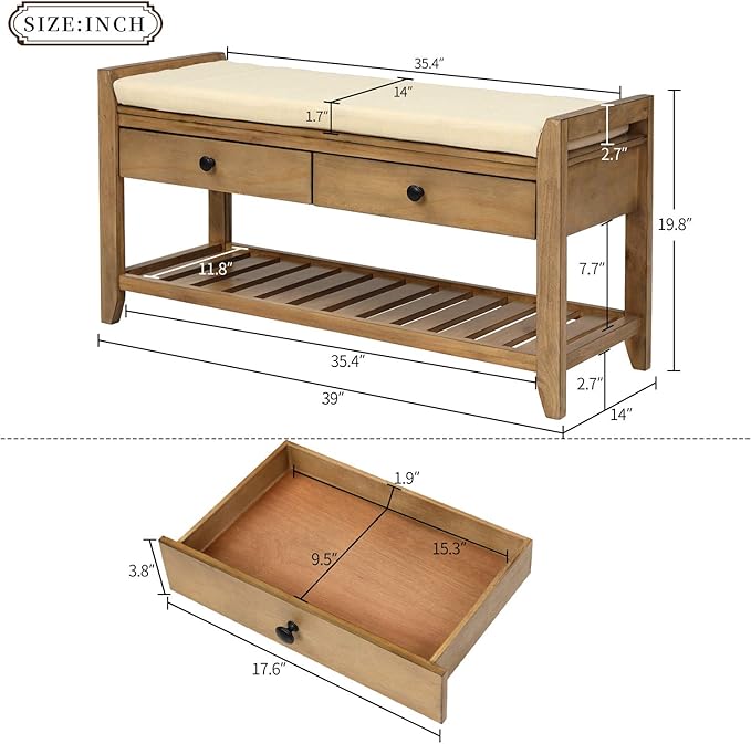 39″ Storage Bench with Cushioned Seat and Drawers,Multipurpose Wooden Entryway Ottoman,Hidden Compartment Organizing Shoe Rack,for Bedroom Hallway Porch,Old Pine