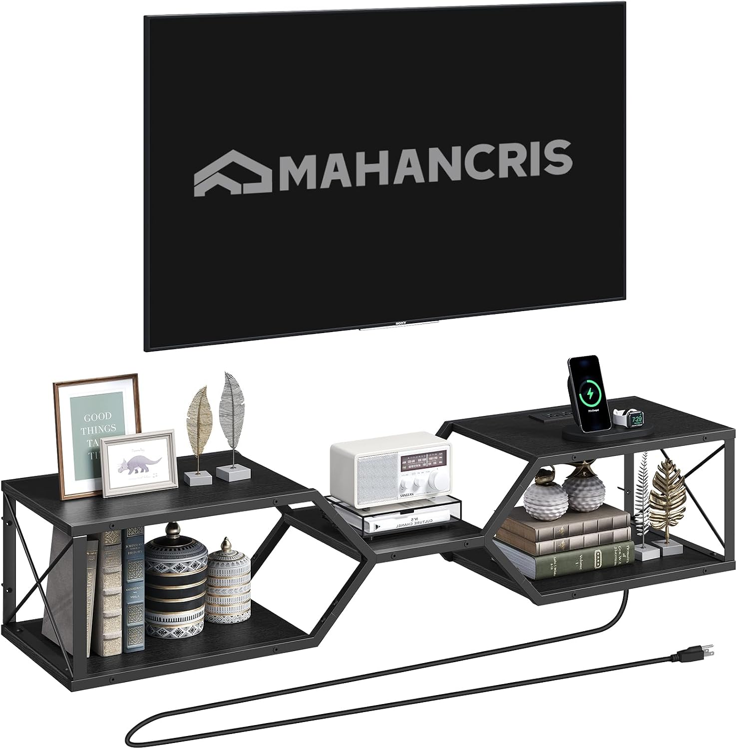 MAHANCRIS Floating TV Stand with Power Outlet, Wall-Mounted TV Shelf with X-Shaped Frame, Floating Entertainment Center with Storage, for Living Room, Bedroom, Black TVBK301E01