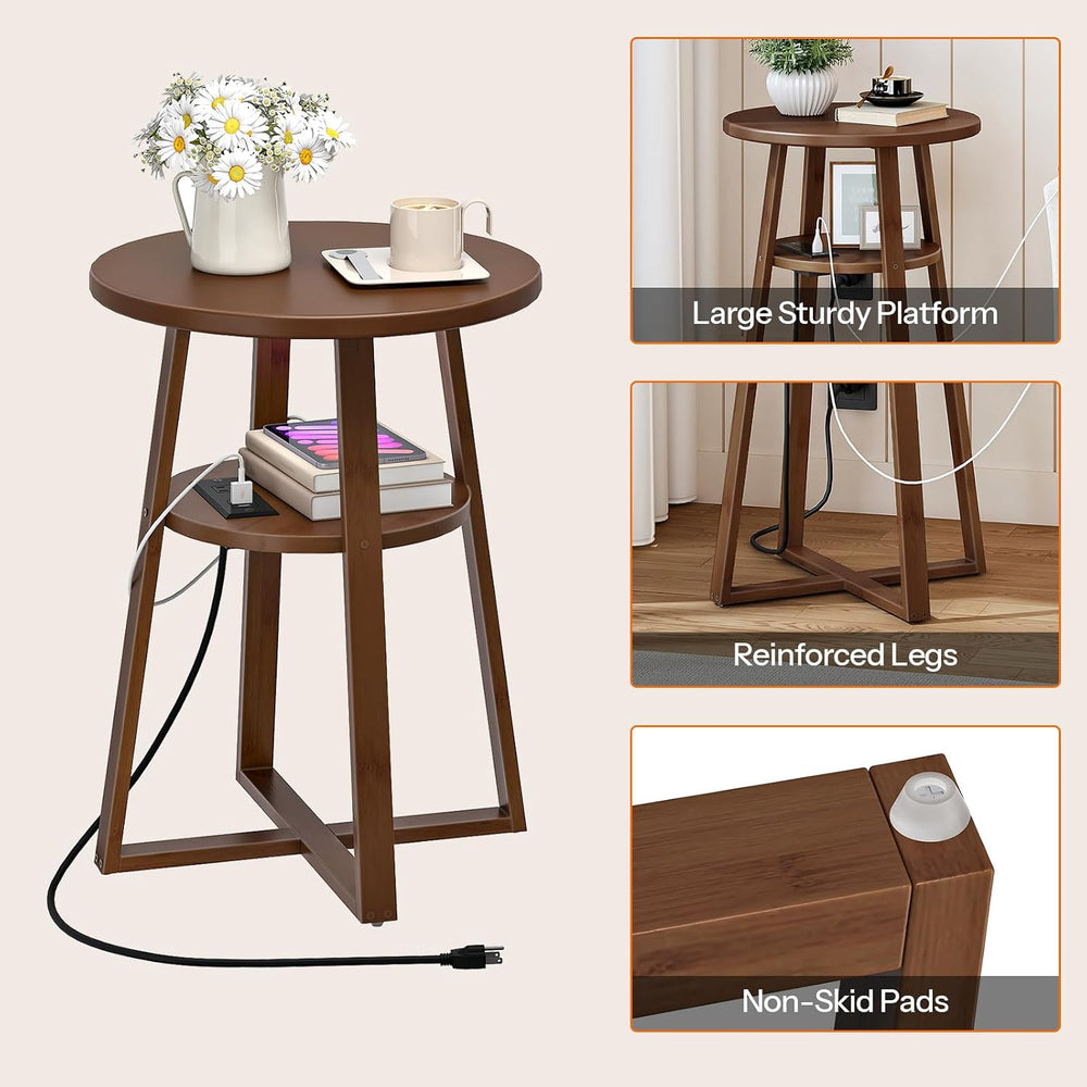 HOOBRO Round Side Table with Charging Station, Round Accent End Table with Ba...