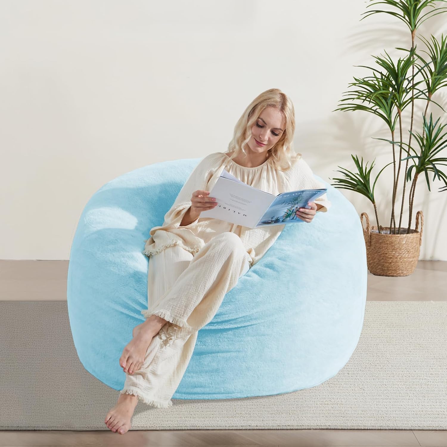 WSOFRLAC 3FT Bean Bag Chair, Comfy Bean Bag Chairs for Adults, Luxury Velvet Memory Foam Stuffed Beans Bags with Removable Cover, Adult Beanbag Chair with Filler for Living Room, Bedroom, Light Blue