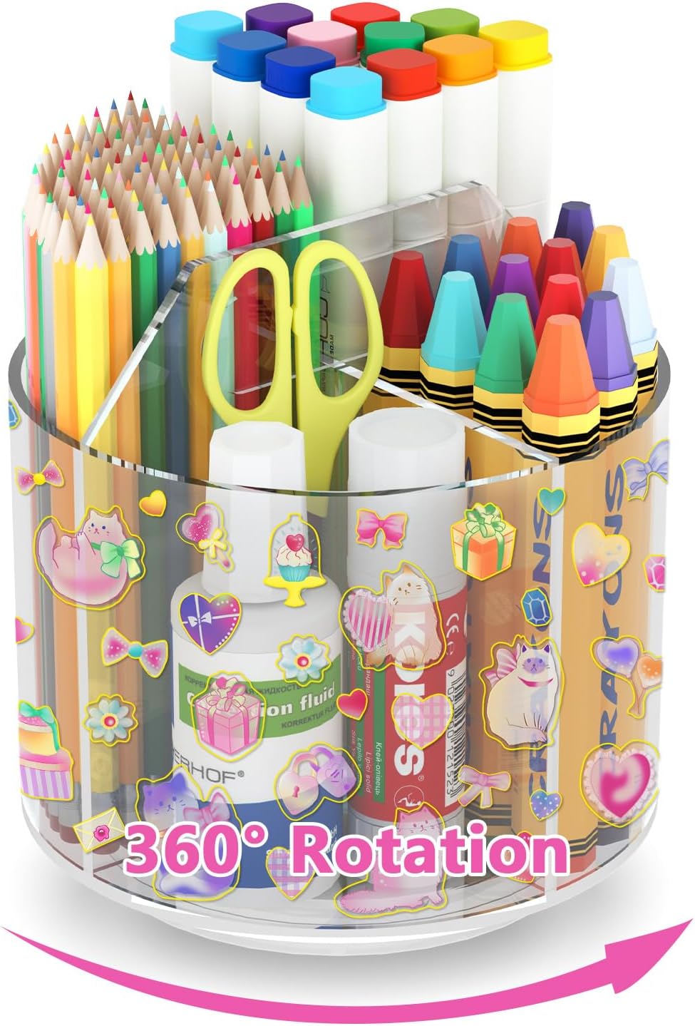 Acrylic Pencil Organizer for Desk 4 Compartments with Adhesive DIY Sticker, Rotating Art Supply Organizer with Kawaii Sticker Kids, Spinning Round Marker Small Supply Caddy