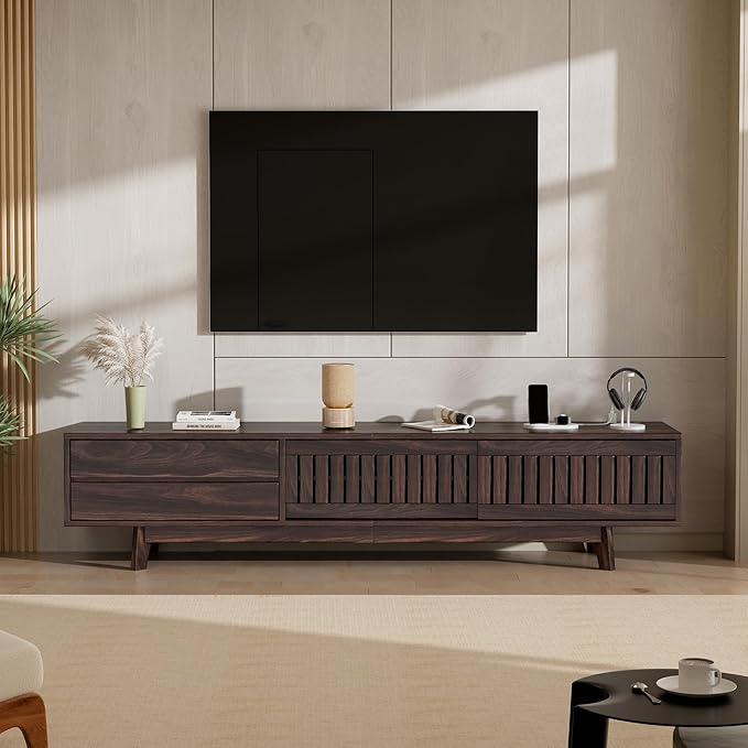 Mid Century Modern TV Stand for 85 Inch TVs, 78.7" Entertainment Center with Storage & Power Outlet, Media Console w/Drawers and Sliding Door, Television Stands for Living Room, Walnut