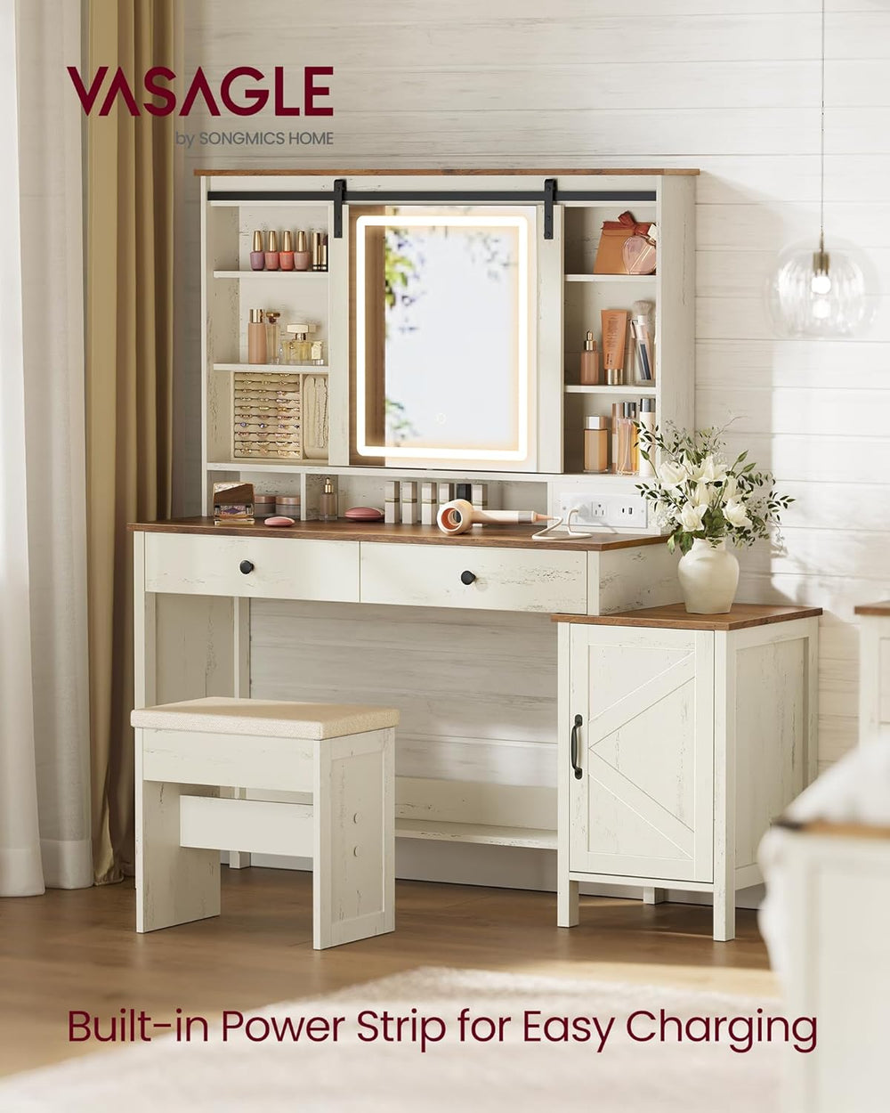 VASAGLE Farmhouse Vanity Desk with Mirror and Lights, Stool, 2 Drawers | Make...