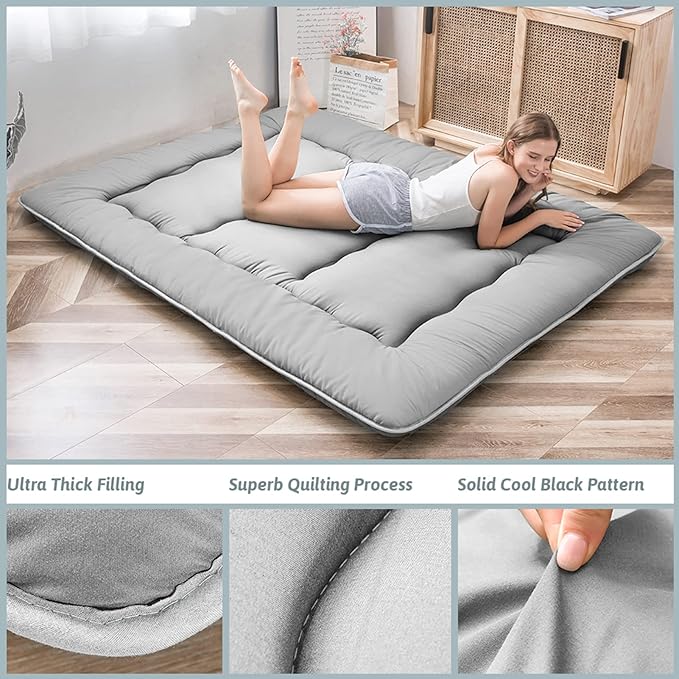 MAXYOYO Japanese Floor Mattress Futon Mattress, 4" Thicken Tatami Mat Sleeping Pad Foldable Roll Up Mat Boys Girls Dormitory Pad Kids Floor Lounger Pillow Bed, Charcoal Grey, Queen Size
