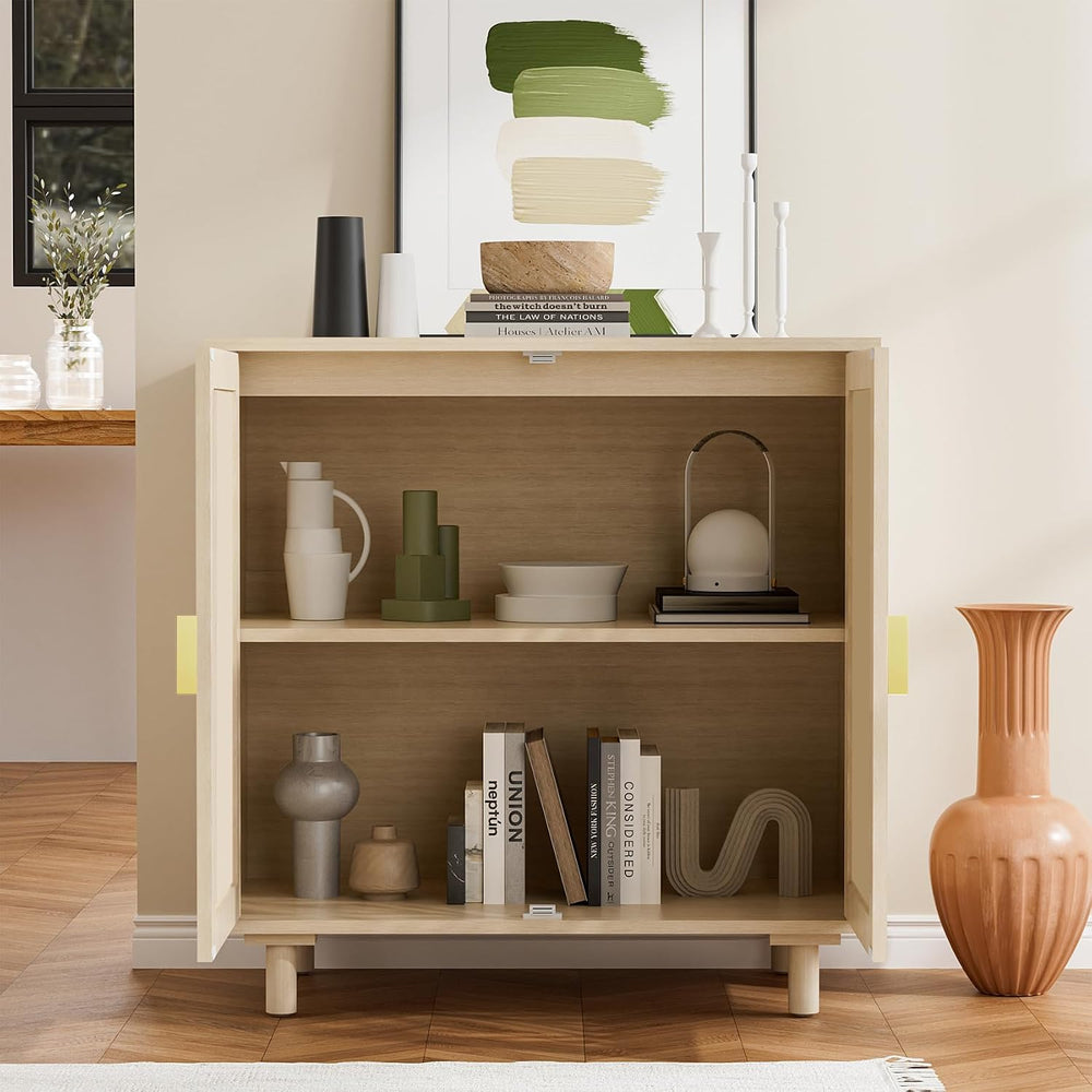 Rattan Cabinet, Storage Sideboard with 2 Doors, Beige Boho Buffet with Adjust...