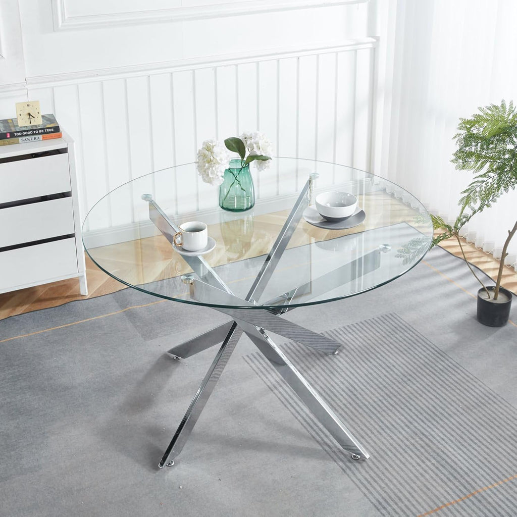 Henf 5 Piece Round Glass Dining Table Set for 4, Modern 47" Round Dining Table & Chair Set Circle Glass Kitchen Table and 4 Velvet Tufted Chairs for Kitchen Dining (Silver Table & Blue Chair)