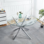 Henf 5 Piece Round Glass Dining Table Set for 4, Modern 47" Round Dining Table & Chair Set Circle Glass Kitchen Table and 4 Velvet Tufted Chairs for Kitchen Dining (Silver Table & Blue Chair)
