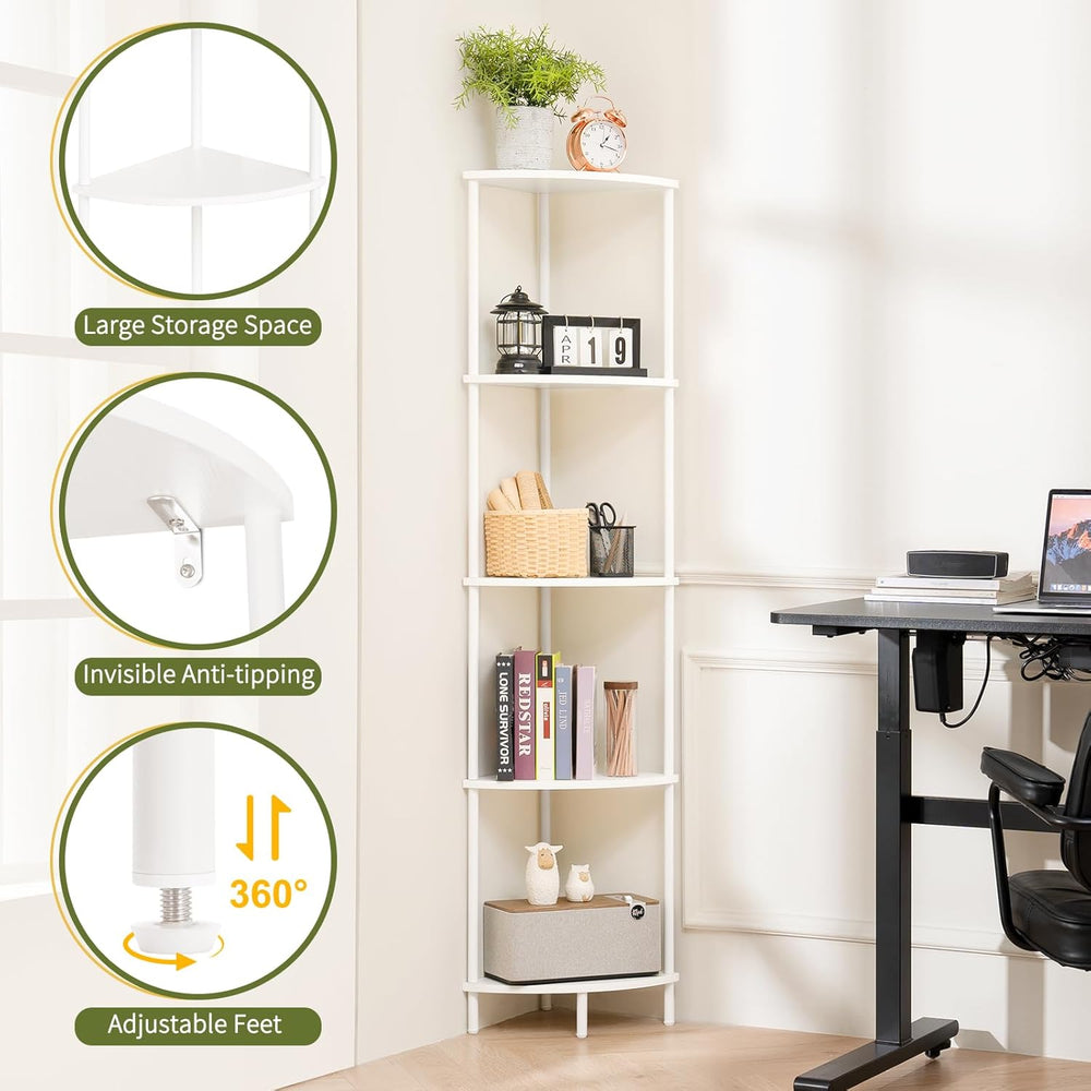Yoobure Corner Shelf Stand, 5-Tier Bookshelf, 65" Tall Shelves for Bedro...