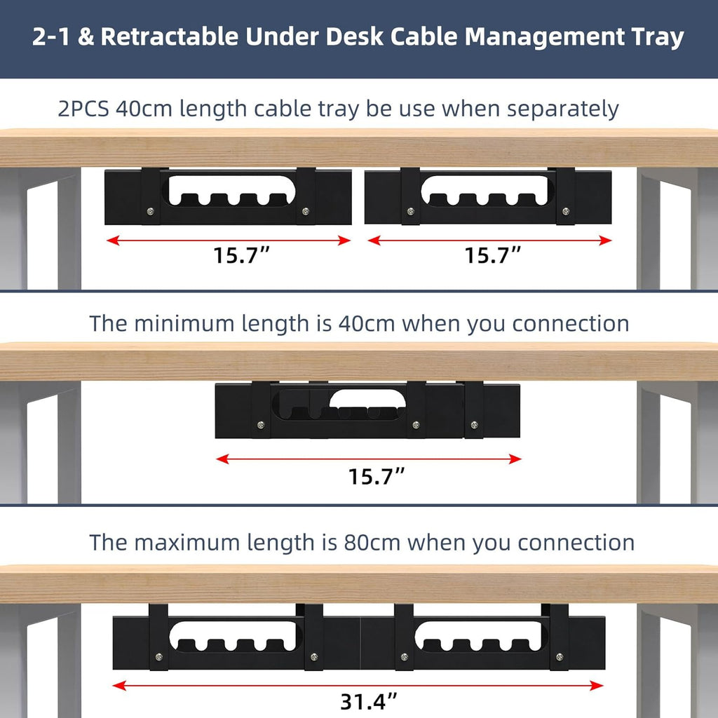 2 Pack Cable Management Under Desk Tray,Adjustable Length(15.7”-31.4”) Large Cord Organizer for Wire Management Tray,Under Table Cord Wire Organizer for Home,Office,Computer Desk