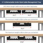 2 Pack Cable Management Under Desk Tray,Adjustable Length(15.7”-31.4”) Large Cord Organizer for Wire Management Tray,Under Table Cord Wire Organizer for Home,Office,Computer Desk