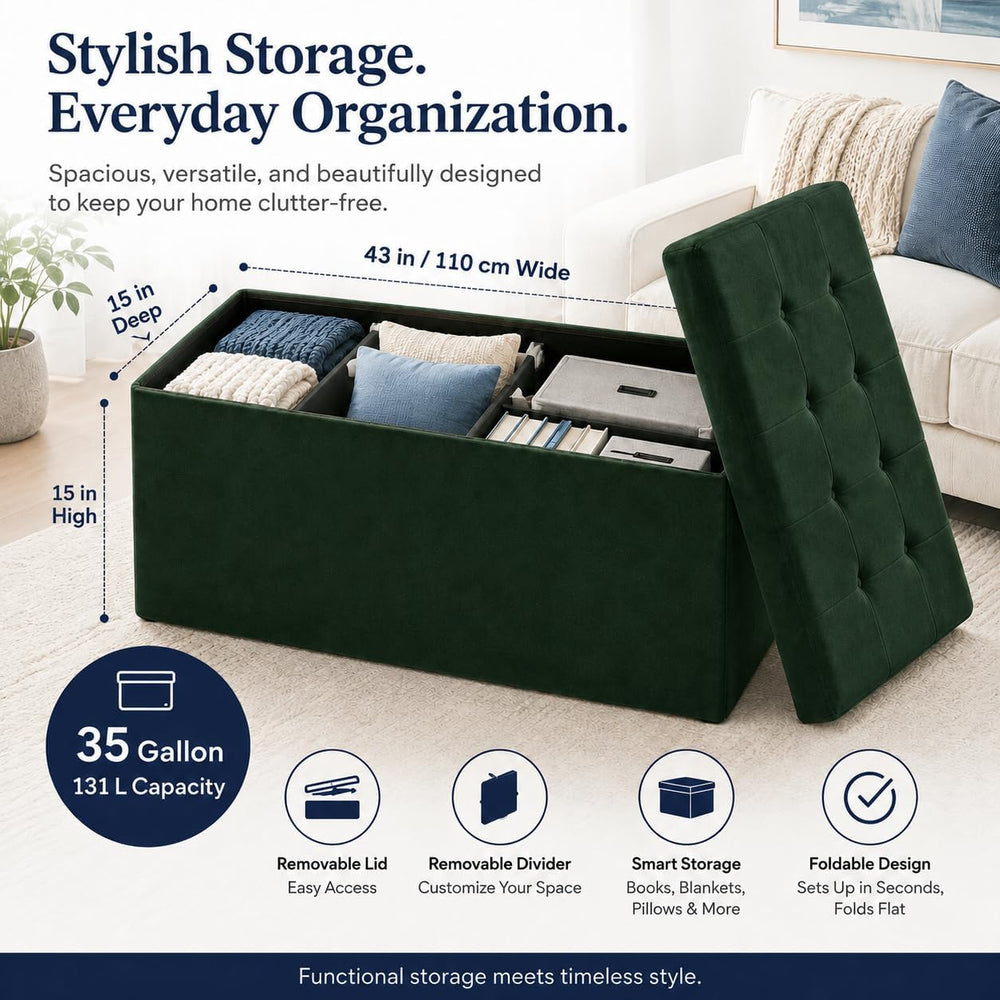 ALASDO 43 Inch Folding Storage Ottoman Bench with Hidden Storage, Velvet Stor...