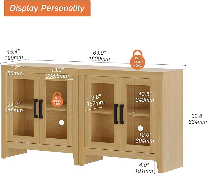 WAMPAT Farmhouse TV Stand for TVs up to 65”, Rustic Wood Entertainment Center with Adjustable Shelf, Glass Doors & Storage, Media Console Cabinet for Living-Room, Bedroom, Oak