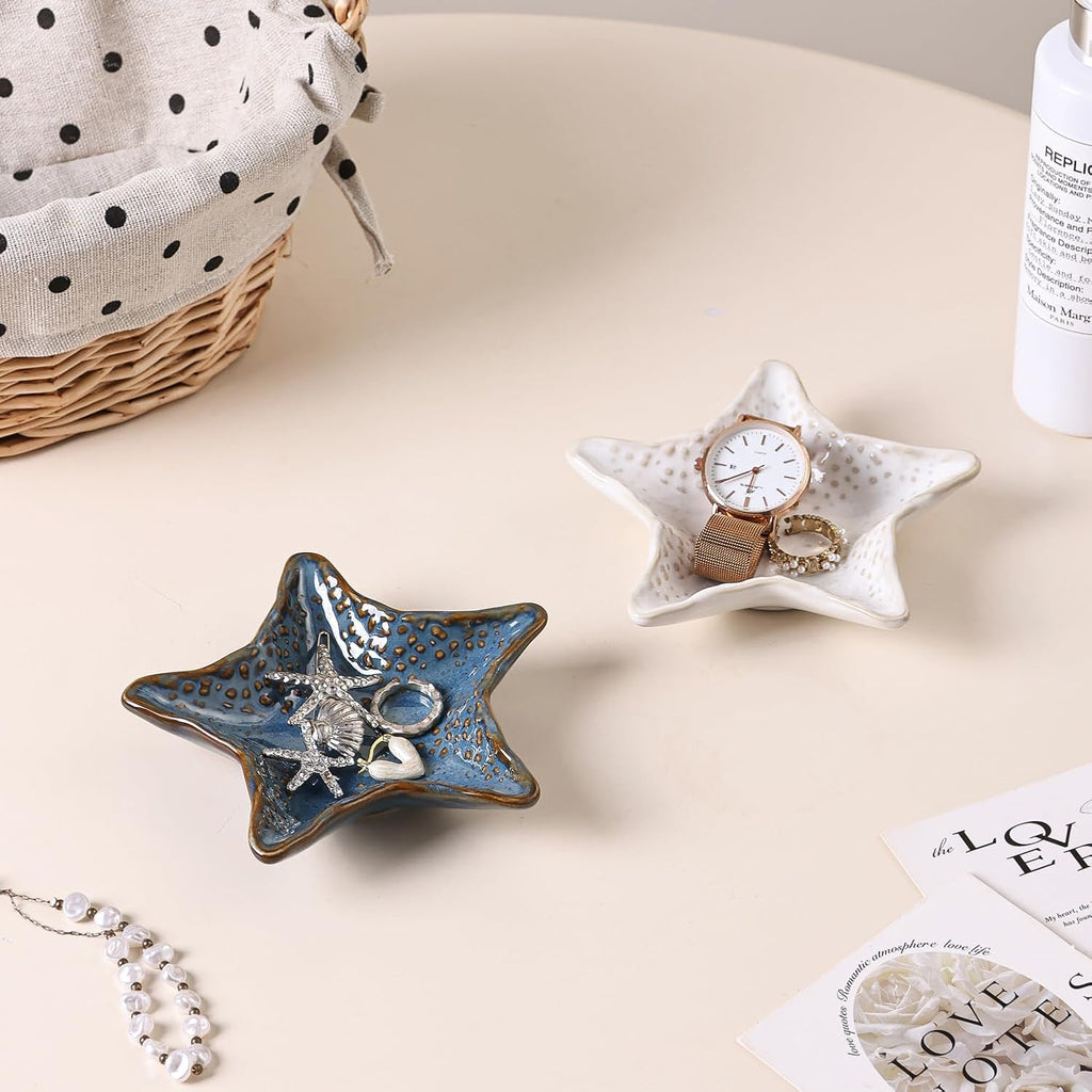 Jewelry Dish Decorative Ring Tray, Ceramic Small Cute Trinket Tray 4.92" | Starfish Shape Aesthetic Jewelry Plate Key Bowl Organizing Necklace Earrings, Home Decor Reactive Glaze Blue