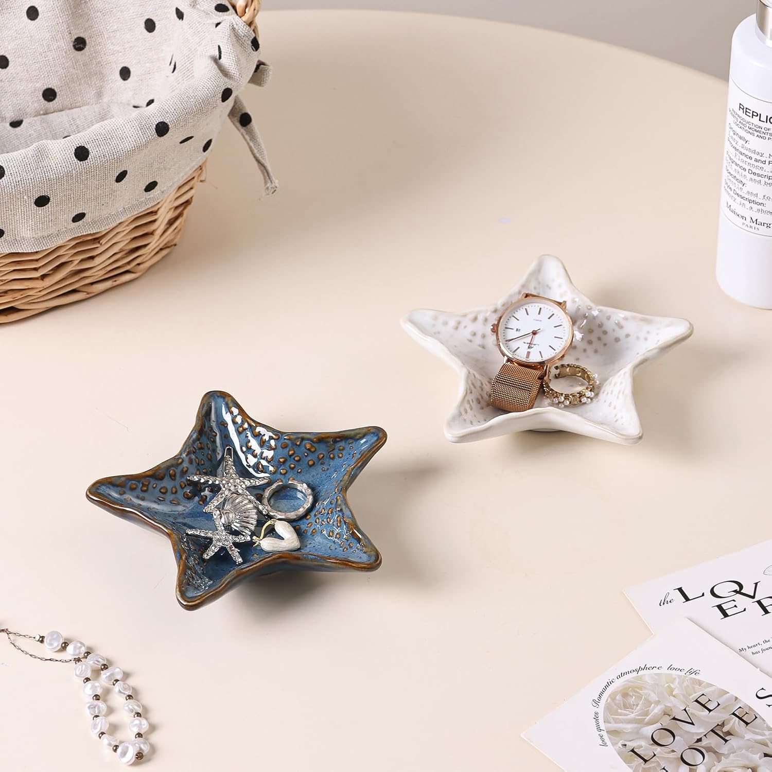 Jewelry Dish Decorative Ring Tray, Ceramic Small Cute Trinket Tray 4.92" | Starfish Shape Aesthetic Jewelry Plate Key Bowl Organizing Necklace Earrings, Home Decor Reactive Glaze Blue