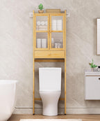 Over The Toilet Storage Cabinet: Bathroom Organizer Shelf with 1 Drawer and 2 Doors - Bamboo Saver Space Freestanding Rack for Restroom