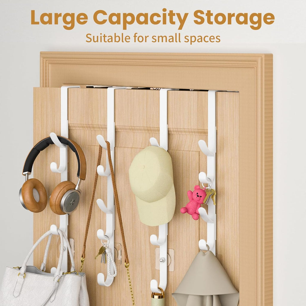 Over The Door Hooks, Metal Door Hooks for Hanging, Over The Door Purse Organizer for Coat Hanger, Back of Shower Door for Hanging Towel Rack Clothes, Hat, Bathroom, Closet (White-4Packs)