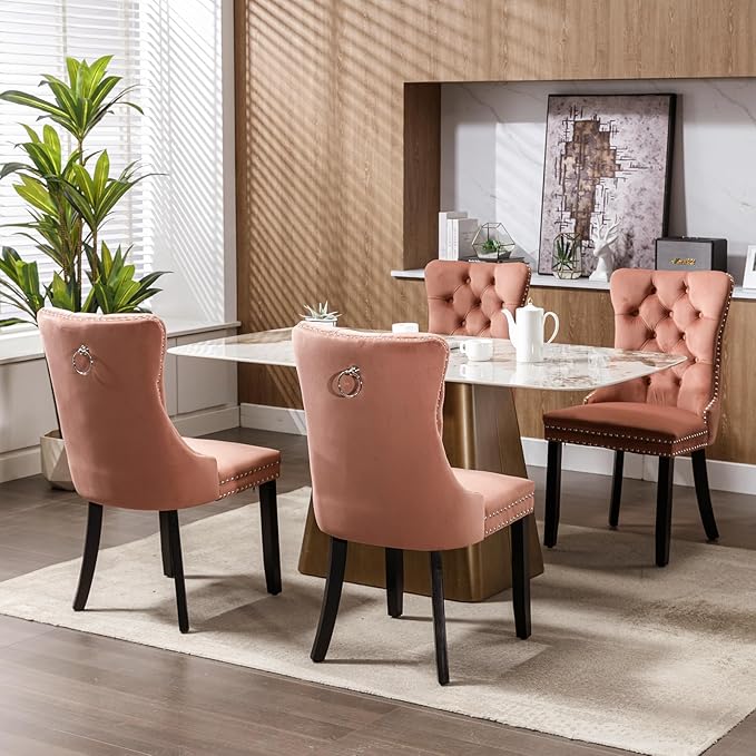 Modern Dining Chairs Set of 4, Tufted Upholstered Dining Chair with Solid Wood Legs, Pink Velvet Accent Chair, Sillas de Comedor, 4 Dining Chairs (Pink, Velvet, 4Pcs)