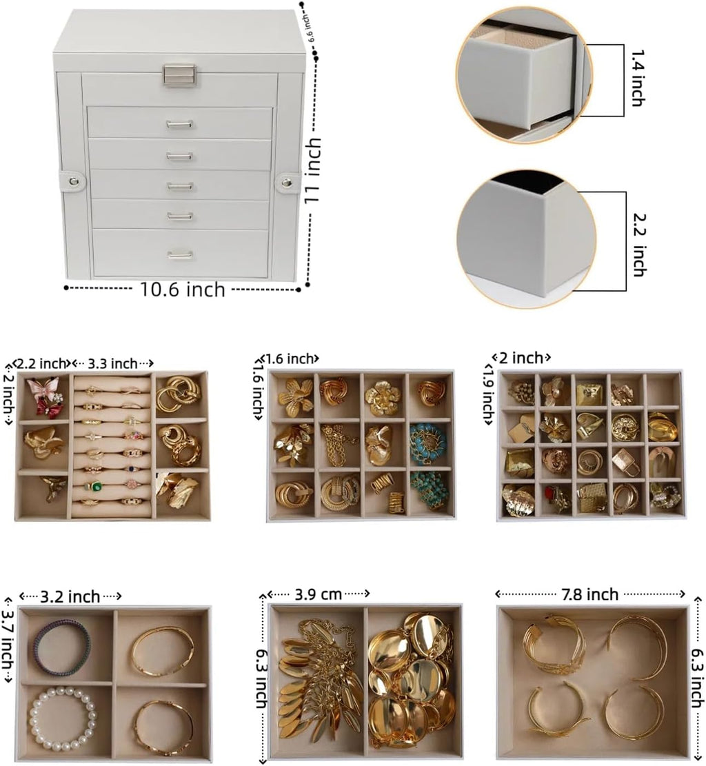 BOOVO Jewelry Box For women, 6 Layer Large Jewelry Organizer With Mirror, Multi-Function Storage Box With Lock, Necklace Holder With 5 Drawers, For Earrings Necklace Bracelet (Silver and Grey)