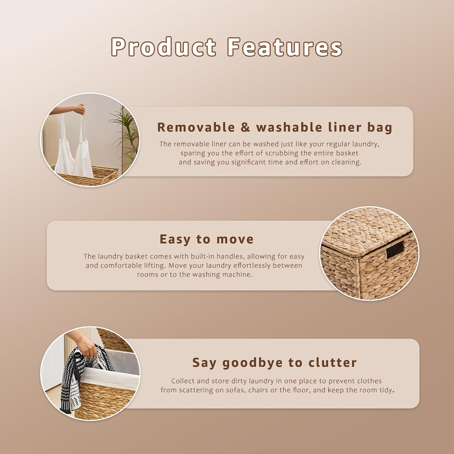 Laundry Hamper with Lid and Removable Liner Bag, Handwoven Natural Hyacinth Clothes Hamper with Heightened Feet, Wicker Laundry Basket for Clothes and Towels，Small