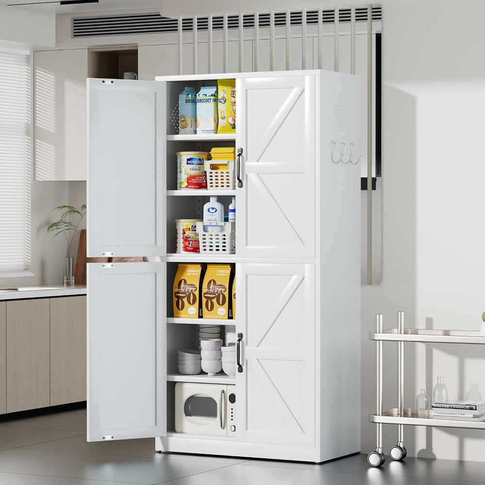 White Steel Kitchen Pantry Storage Cabinet with Adjustable Shelves, Heavy Dut...