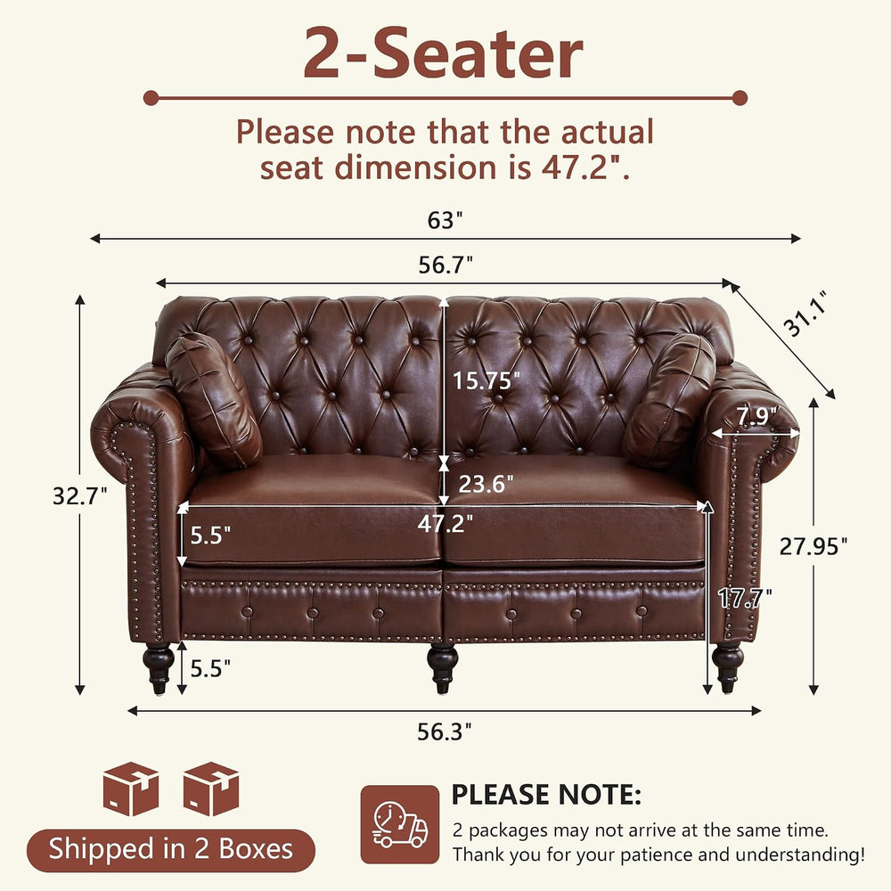 ORRD Chesterfield Small Loveseat, High Back Modern Faux Leather Couch with Bu...