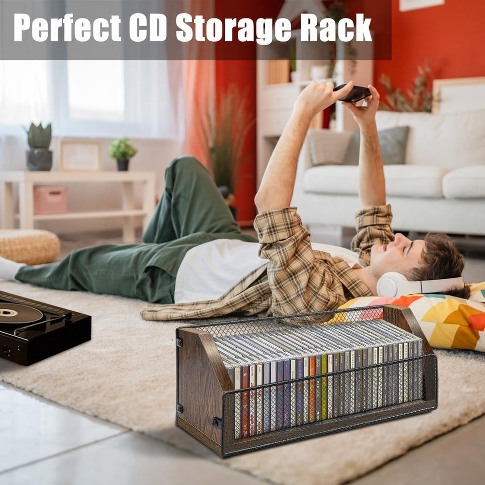 CD Storage Rack, Wooden CD Organizer Holds 32 CDs, Retro CD Shelf for Desktop...