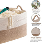Extra large laundry basket woven from natural cotton rope with handles storage blankets for living rome big decorative quilted baskets for clothes toys pillows hamper 24"x16"x14" white/brown