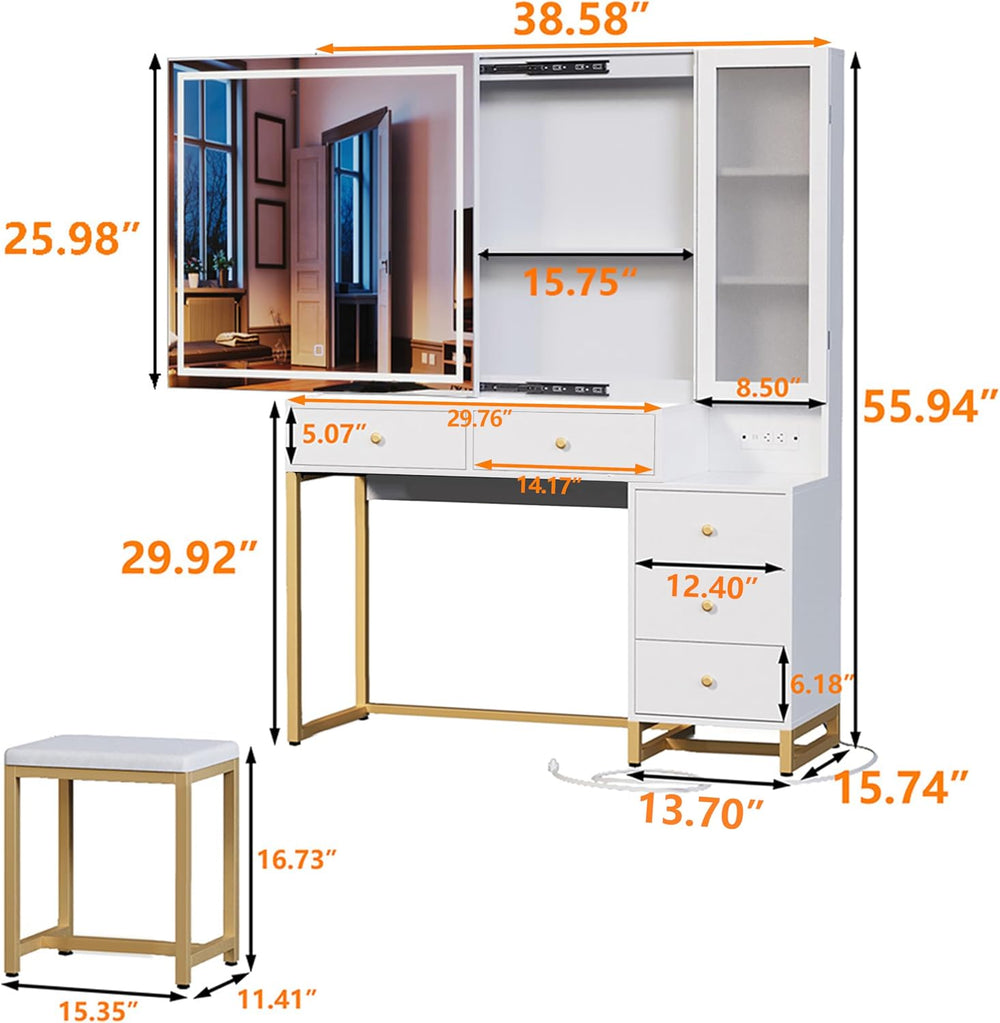 Extra Large Modern Makeup Vanity Table Set with Sliding Lighted Mirror, Charg...