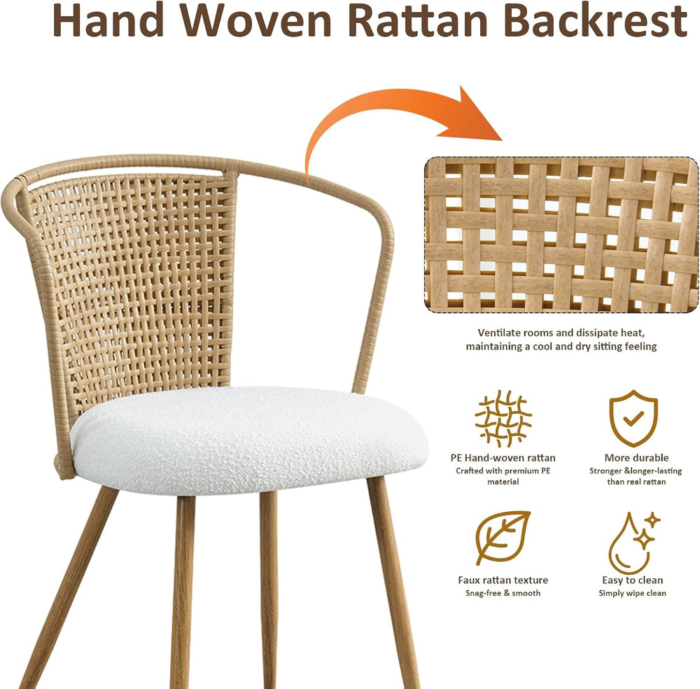 Rattan Dining Chairs,Upholstered Boucle Cushion with PE Cane Wing Back Kitche...