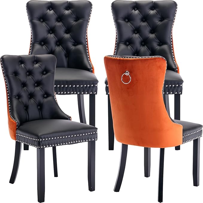 Modern Dining Chairs Set of 4, Tufted Upholstered Dining Chair with Solid Wood Legs, Velvet and Leather Dining Chairs, Sillas de Comedor, Comfy Kitchen Chair (Black+Orange, 4Pcs)