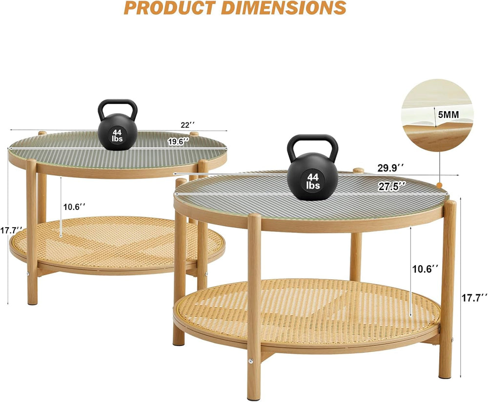 Boho Rattan Coffee Table Set of 2, Round Glass Living Room Table Set | Temper...