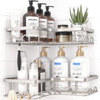 Corner Shower Caddy - 2 Pack, Adhesive Shower Organizers, Rustproof Stainless Steel Shower Shelves with 8 Hooks, No Drilling Bathroom Organizers and Storage Racks, Space-Saving, Silver, Medium