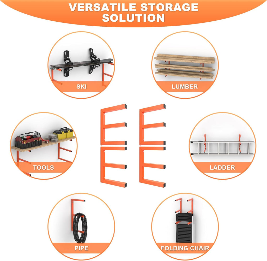 Ultrawall Lumber Storage Rack Wall Mount Wood Storage Racks, Metal Wood Organizer Racks for Shed, Workshop, Garage, Holds Up 220 LBS Per Level (Pack of 4, Orange)