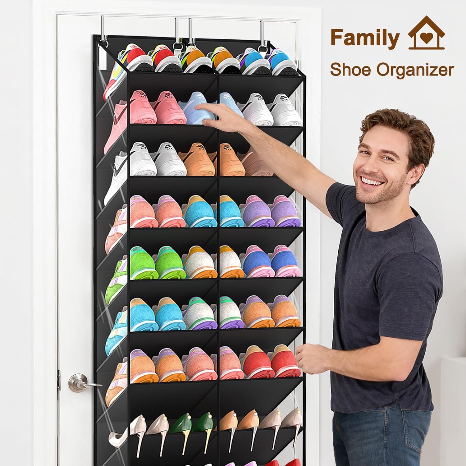 UVIAHOMI 20-30 Pairs Over the Door Shoe Organizer, Clear Pockets Hanging Shoe Storage for Closet, 10-Tier Door Shoes Rack, Handing Shoes Holder Fit All the Family's Sneakers, Boots, Heels, Black