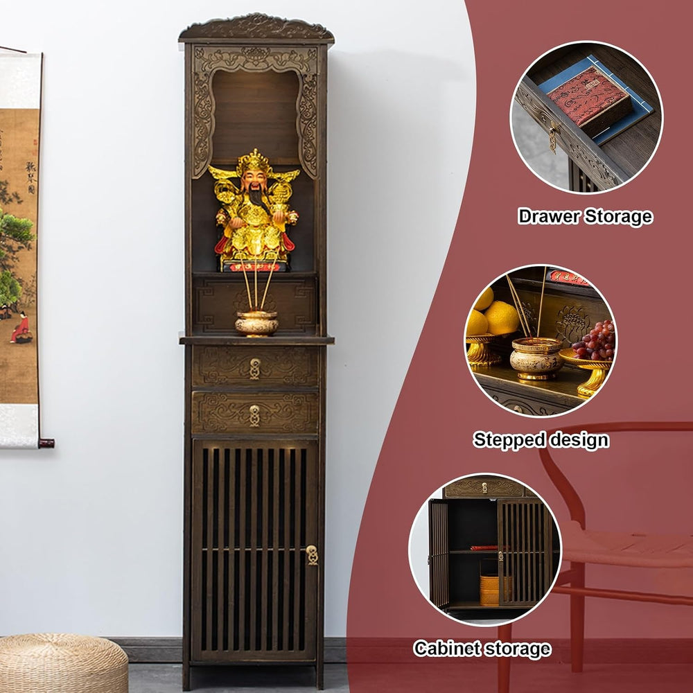 Chinese Cabinet Pedestal Offering Table, Meditation Table with Storage Space,...
