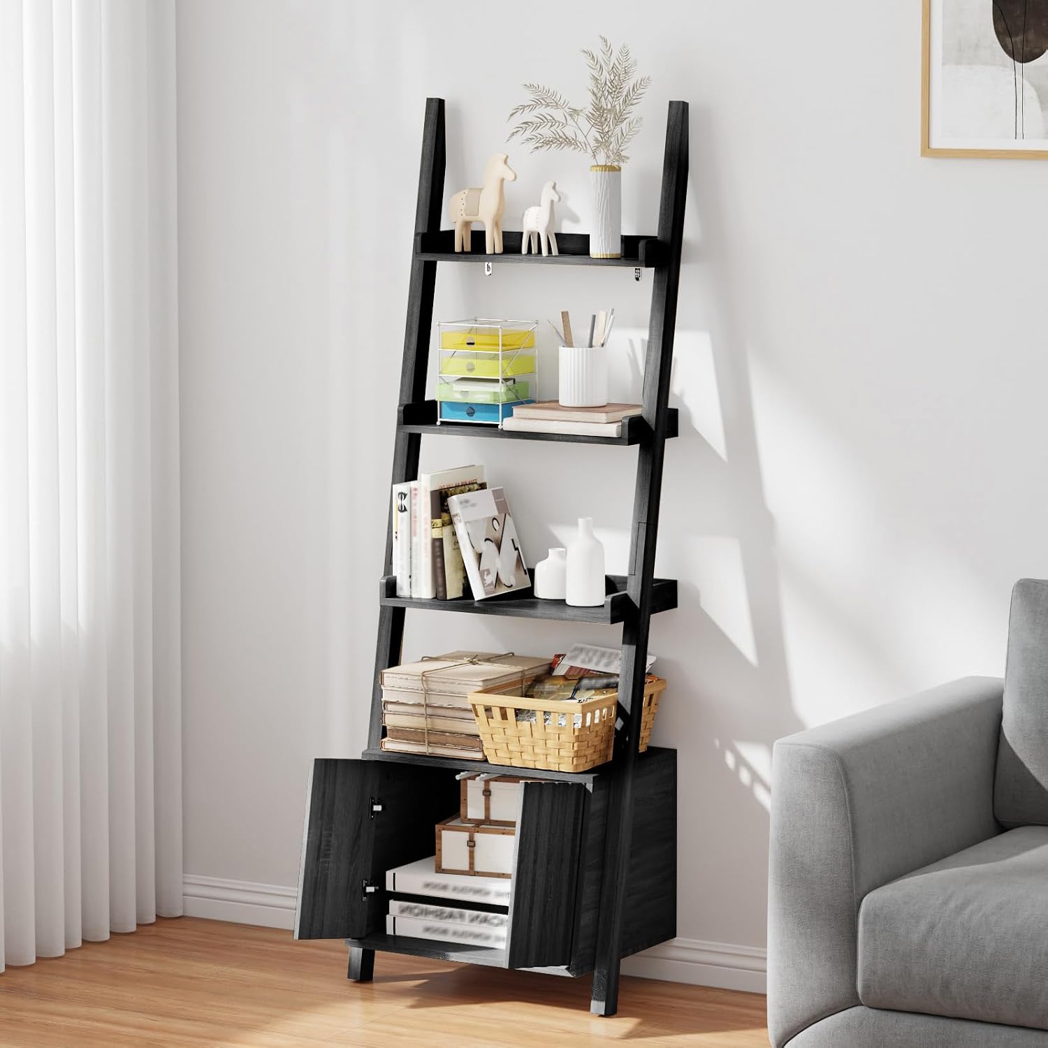 4-Tier Ladder Shelf,Modern Ladder Bookshelf Bookcase with Storage,Display Storage Shelf for Living Room Bedroom Kitchen Office,Black