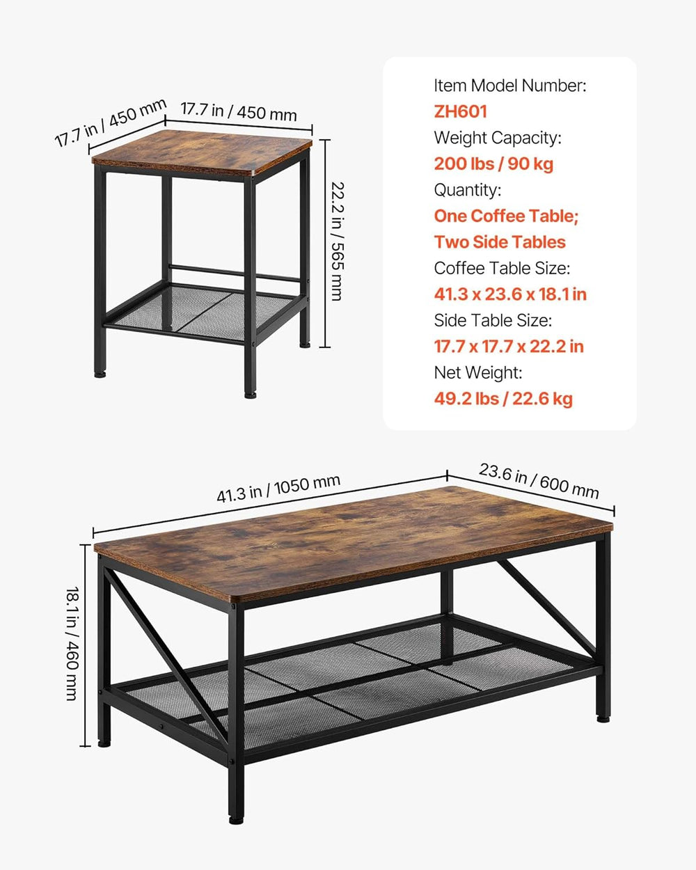 VEVOR 3 Pieces Living Room Table Sets, 41.3 in Industrial Coffee Table with 2...