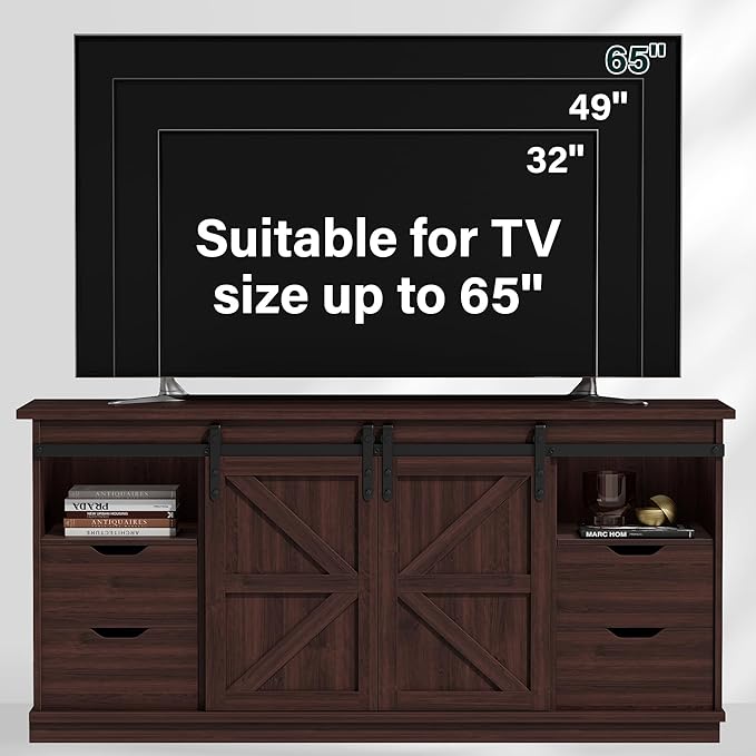 JUMMICO TV Stand with 4 Drawers for 65 Inch TV, Farmhouse Entertainment Center with Storage and Sliding Barn Doors, Rustic Media TV Console Cabinet with Shelves for Living Room Bedroom (Rustic Oak)