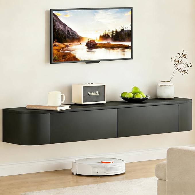 SHGJ&SOFT Floating TV Stand Wall Mounted Media Console with Door Entertainment Centerwith Storage Cabinets, Wall Mounted TV Shelf for Bedroom,Living Room (Black, 47.2IN)