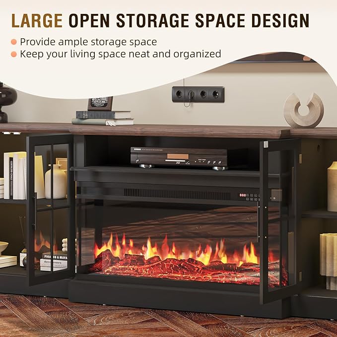 98" Farmhouse TV Stand with 36" Fireplace for TVs up to 100", Media Entertainment Center with Adjustable Shelves and Large Storage Cabinets, for Living Room, Black & Black
