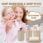 iMucci Bathroom Accessories Set - with Trash Can Toothbrush Holder Soap Dispenser Soap and Lotion Set Tumbler Cup(9Pcs Beige Wood Cover)