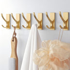 pickpiff Self Adhesive Coat Hooks for Hanging, Heavy Duty Stainless Double Wall Hook for Towel, Backpack, Hat, Sturdy Metal Hanger for Bathroom, Bedroom, Door, Wall Mounted, 6-Pack, Brushed Gold