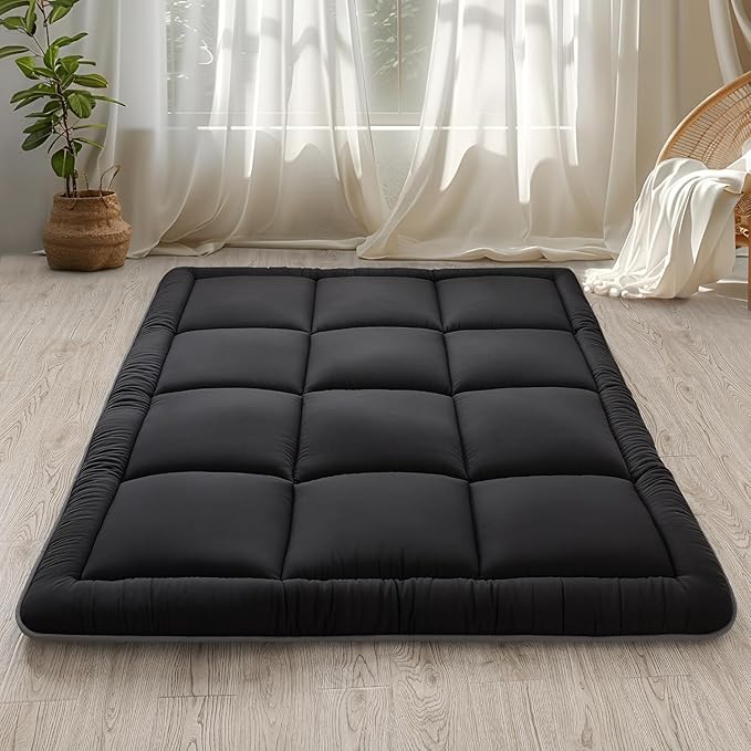 WhatsBedding Japanese Floor Mattress Futon Mattress 3" Black Tatami Mat Shredded Memory Foam Filled Sleeping Pad, Foldable & Portable Roll Up Lounger Camping Bed for Kids and Adult,Twin Size 39"x 80"