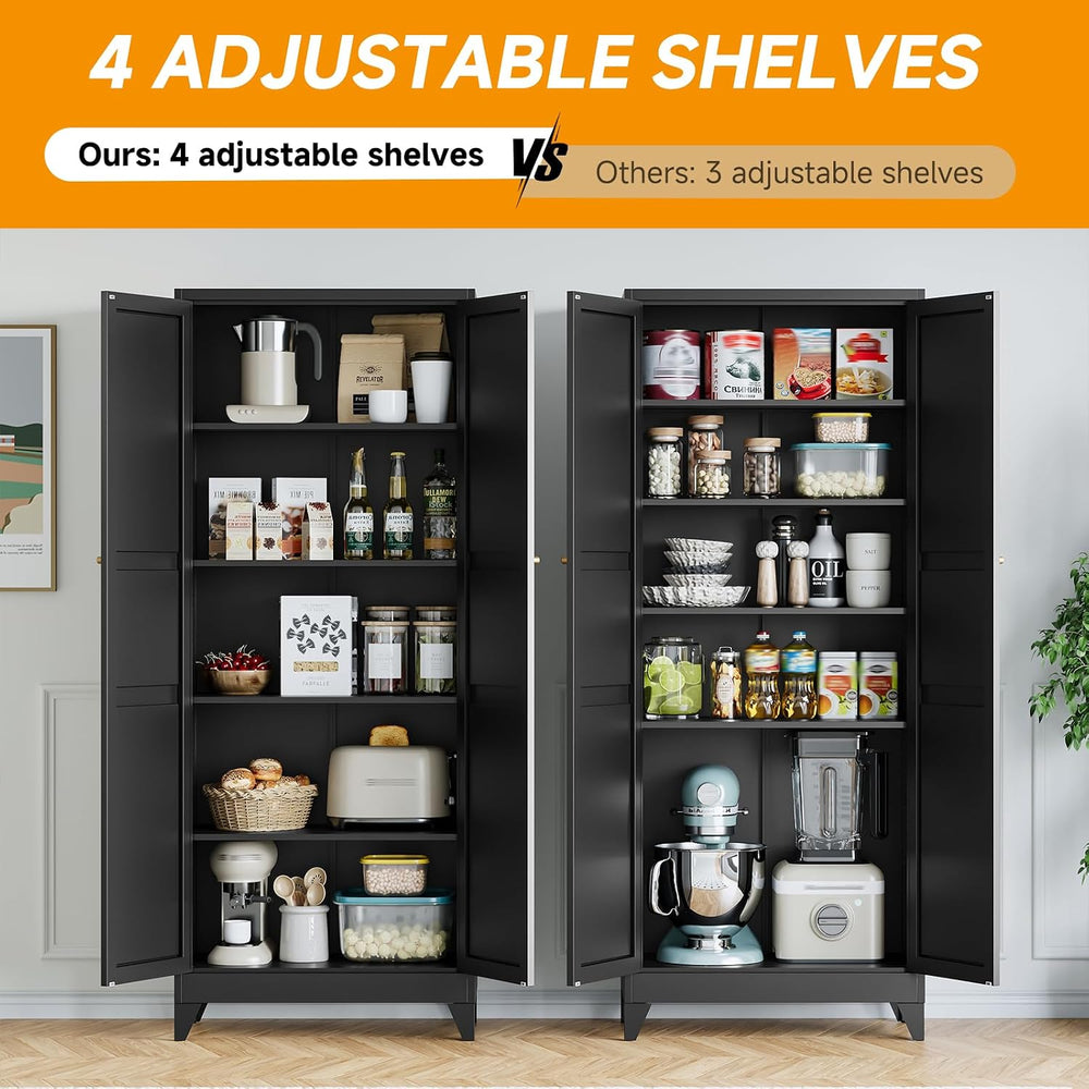 STANI 74.8" H Tall Kitchen Cabinet, Black Metal Pantry Storage Cabinet, ...