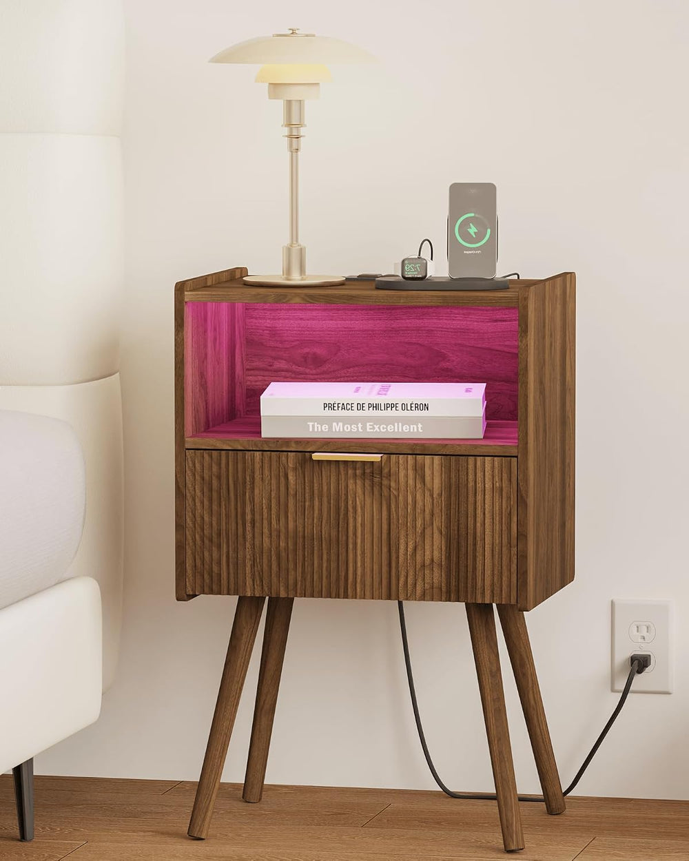 Leomonio Walnut Brown Nightstand, Modern Bedside Table with Charging Station ...