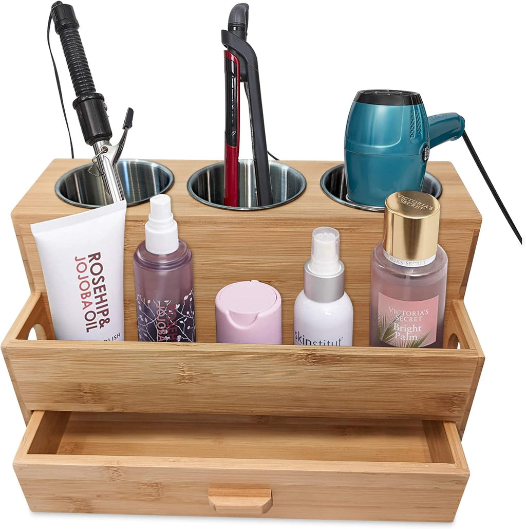 Hair Tool Organizer- Bamboo, Blow Dryer Holder, Bathroom Countertop, Vanity Caddy Storage Stand for Accessories, Makeup, Toiletries